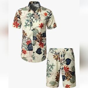 NEW MENS CASUAL 2 PIECE CASUAL BUTTON SHIRT & SHORT SUIT OUTFIT SIZE LARGE